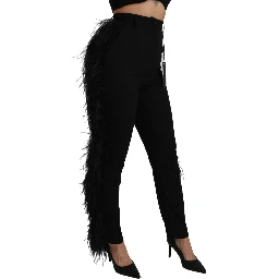 Black Feather Straight High Waist Wool Pants