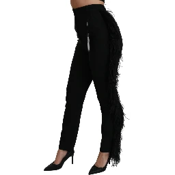 Black Feather Straight High Waist Wool Pants