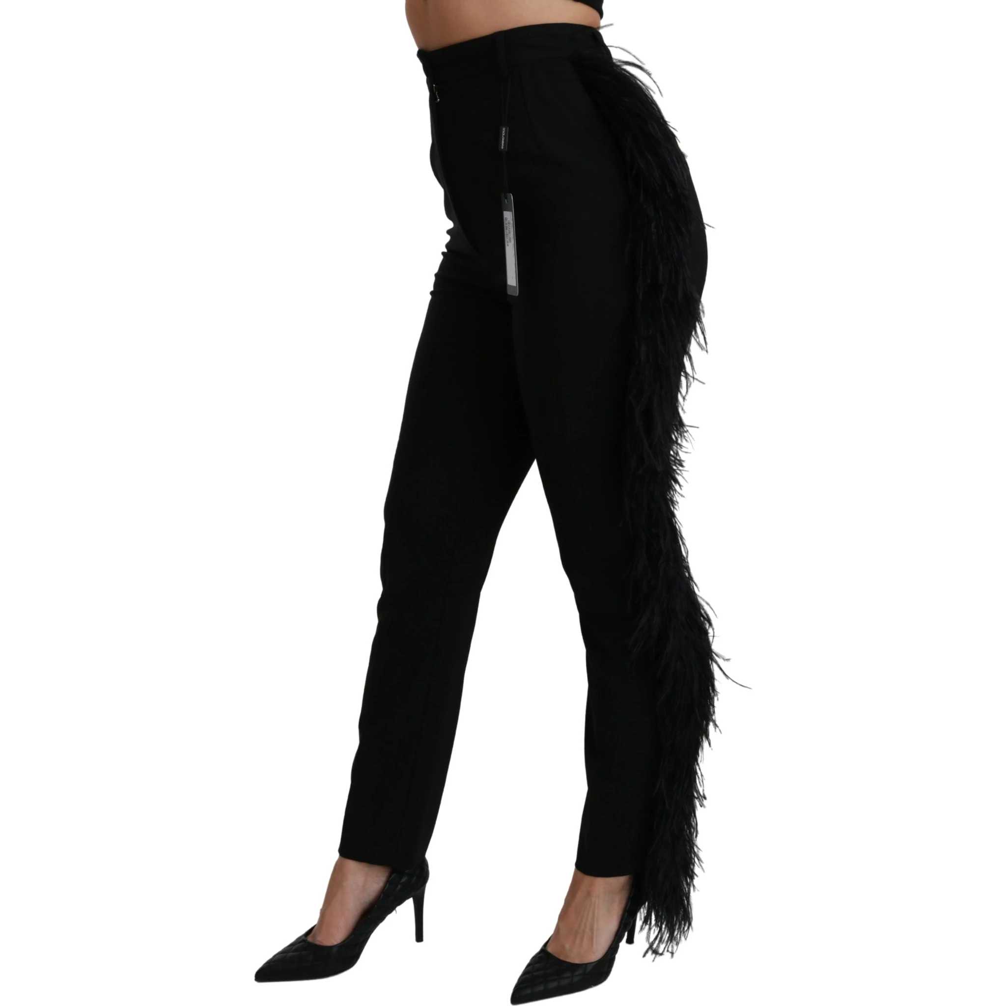 Black Feather Straight High Waist Wool Pants