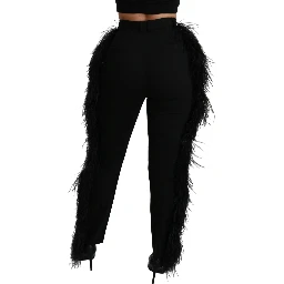 Black Feather Straight High Waist Wool Pants