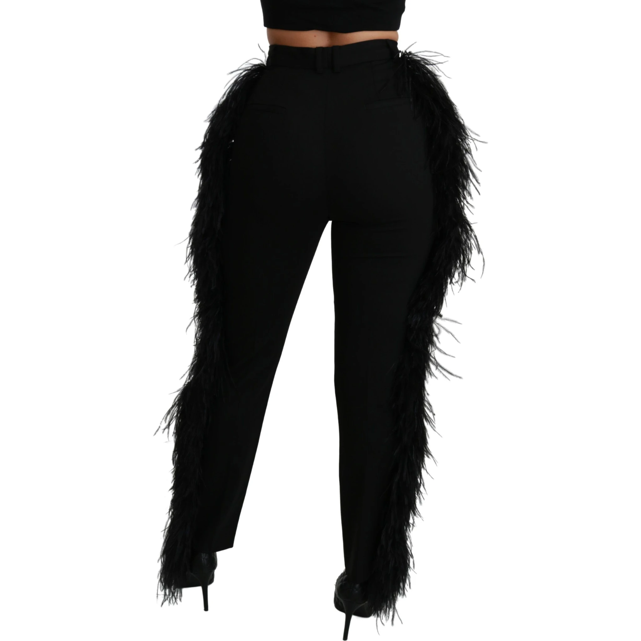 Black Feather Straight High Waist Wool Pants