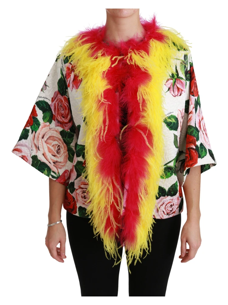 White Floral Coat Capte Fur Roses Jacket