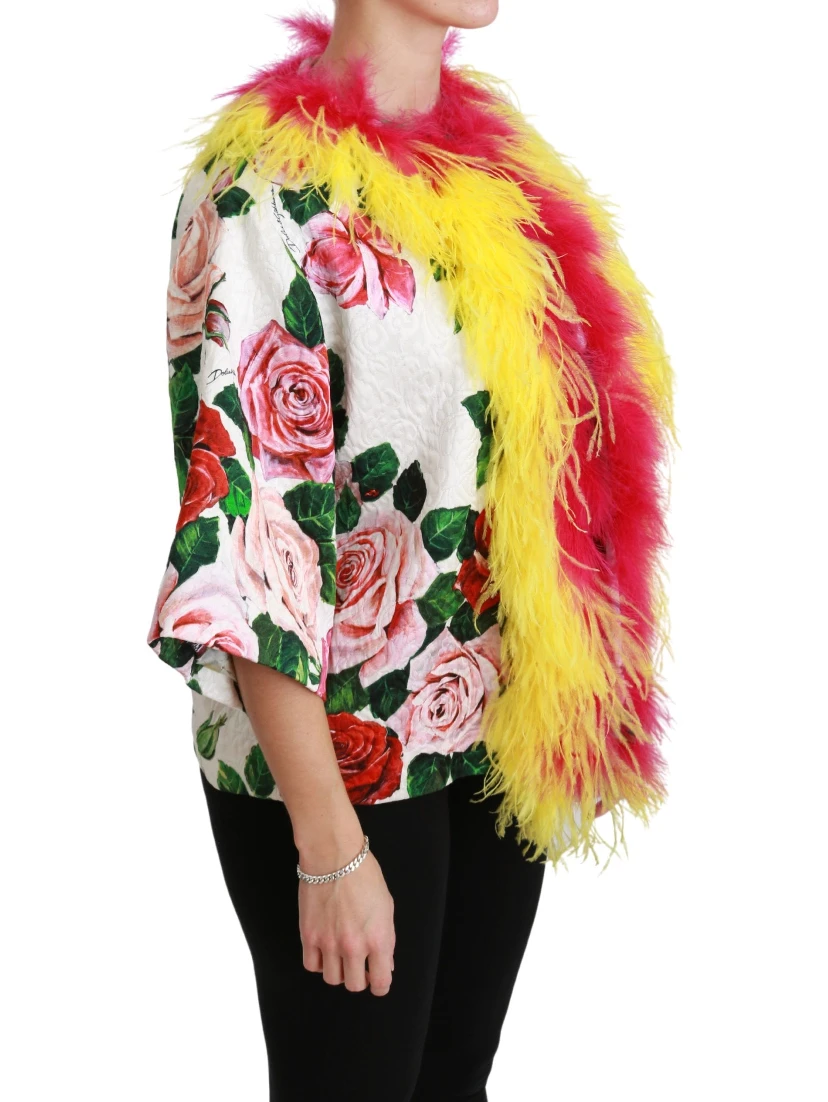 White Floral Coat Capte Fur Roses Jacket