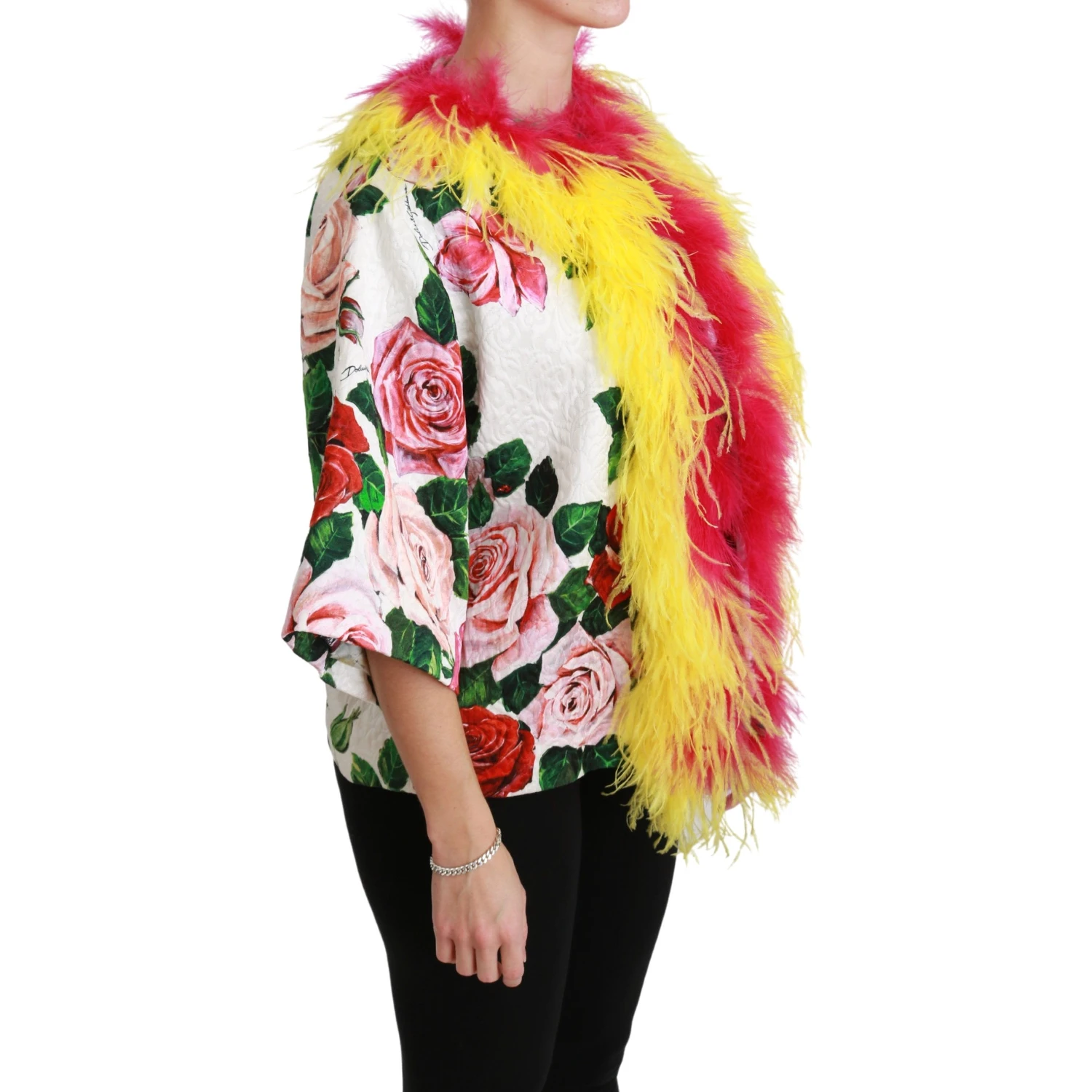 White Floral Coat Capte Fur Roses Jacket