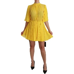 Yellow Pleated A-line Mini 100% Silk Dress