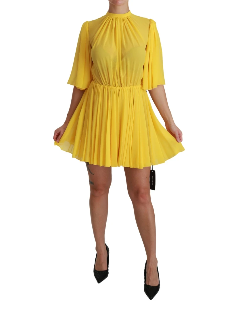 Yellow Pleated A-line Mini 100% Silk Dress