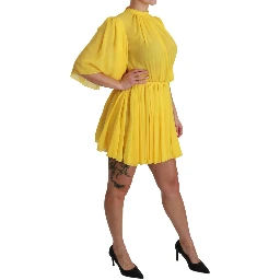 Yellow Pleated A-line Mini 100% Silk Dress