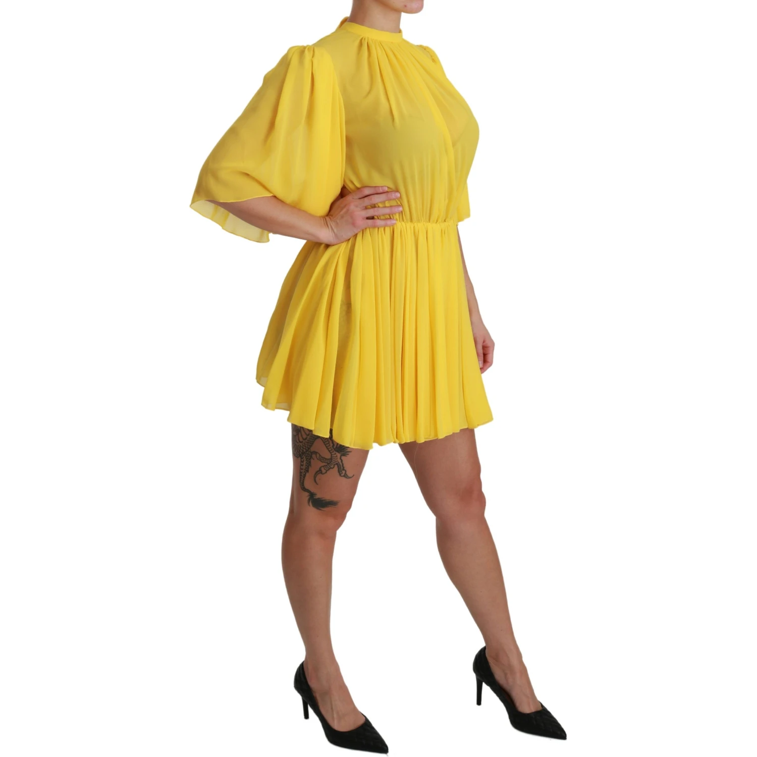 Yellow Pleated A-line Mini 100% Silk Dress