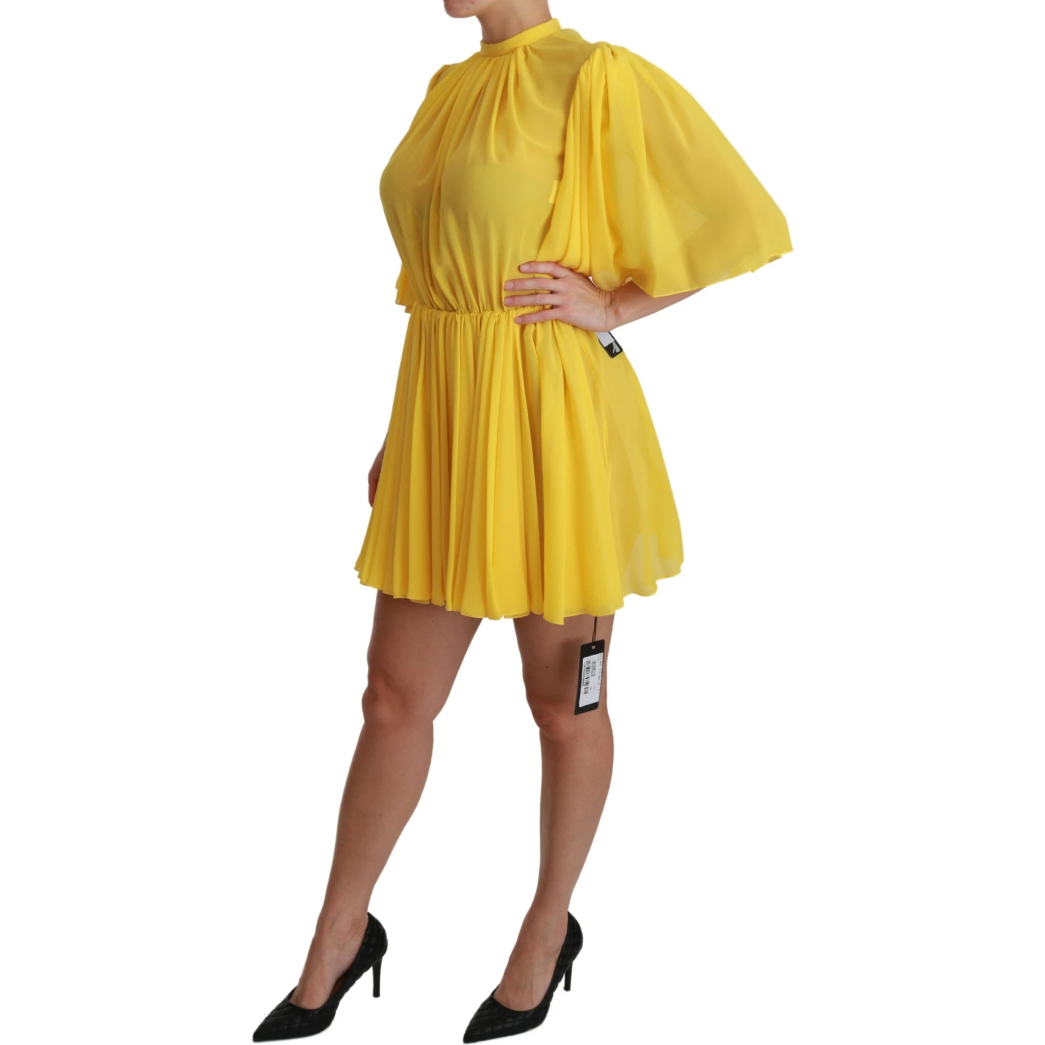 Yellow Pleated A-line Mini 100% Silk Dress