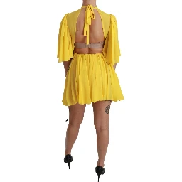 Yellow Pleated A-line Mini 100% Silk Dress