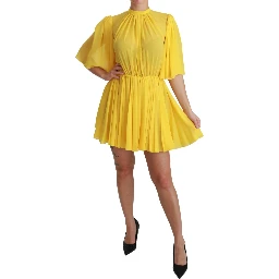 Yellow Pleated A-line Mini 100% Silk Dress