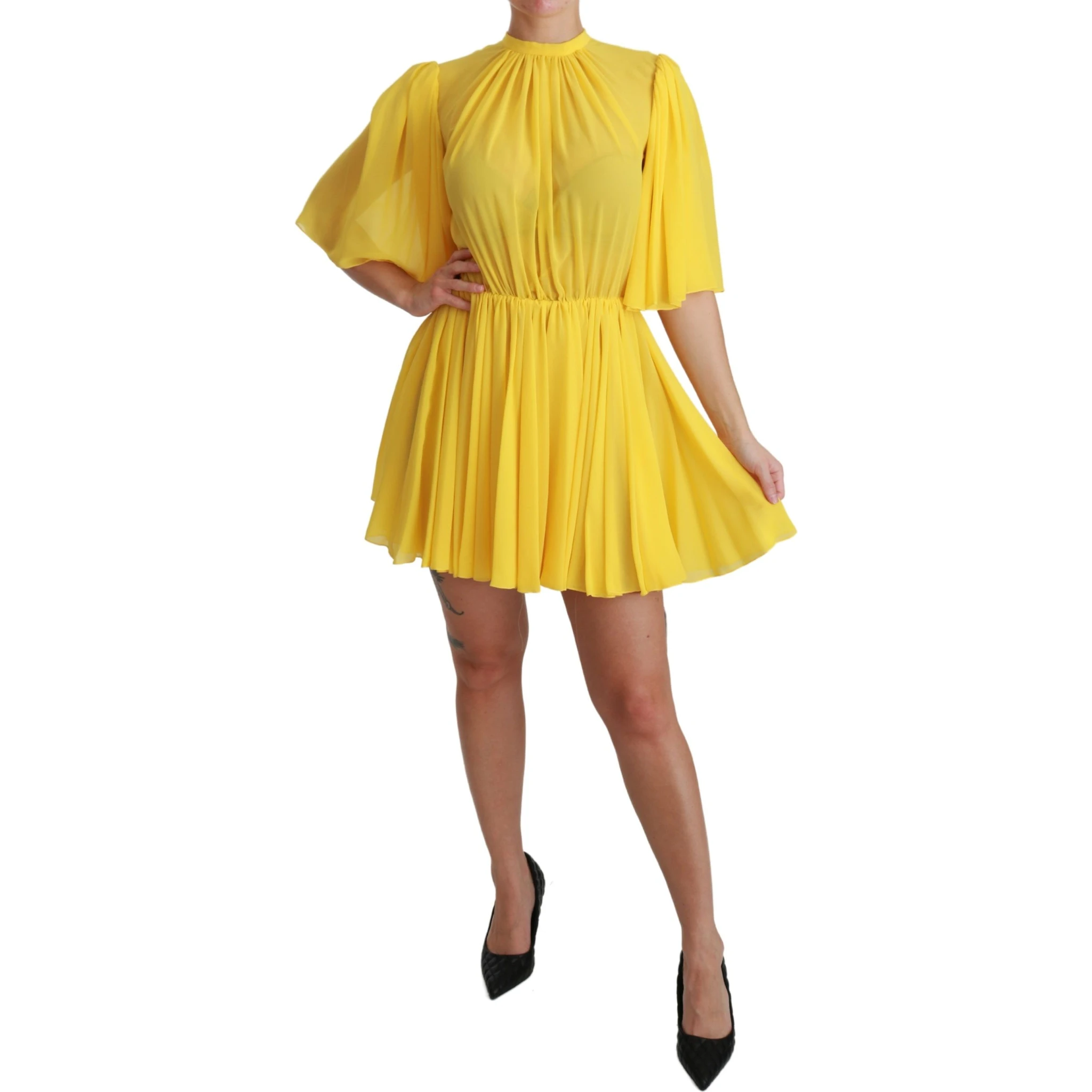 Yellow Pleated A-line Mini 100% Silk Dress