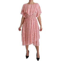 Silk Pink Polka Dots Pleated A-line Midi Dress