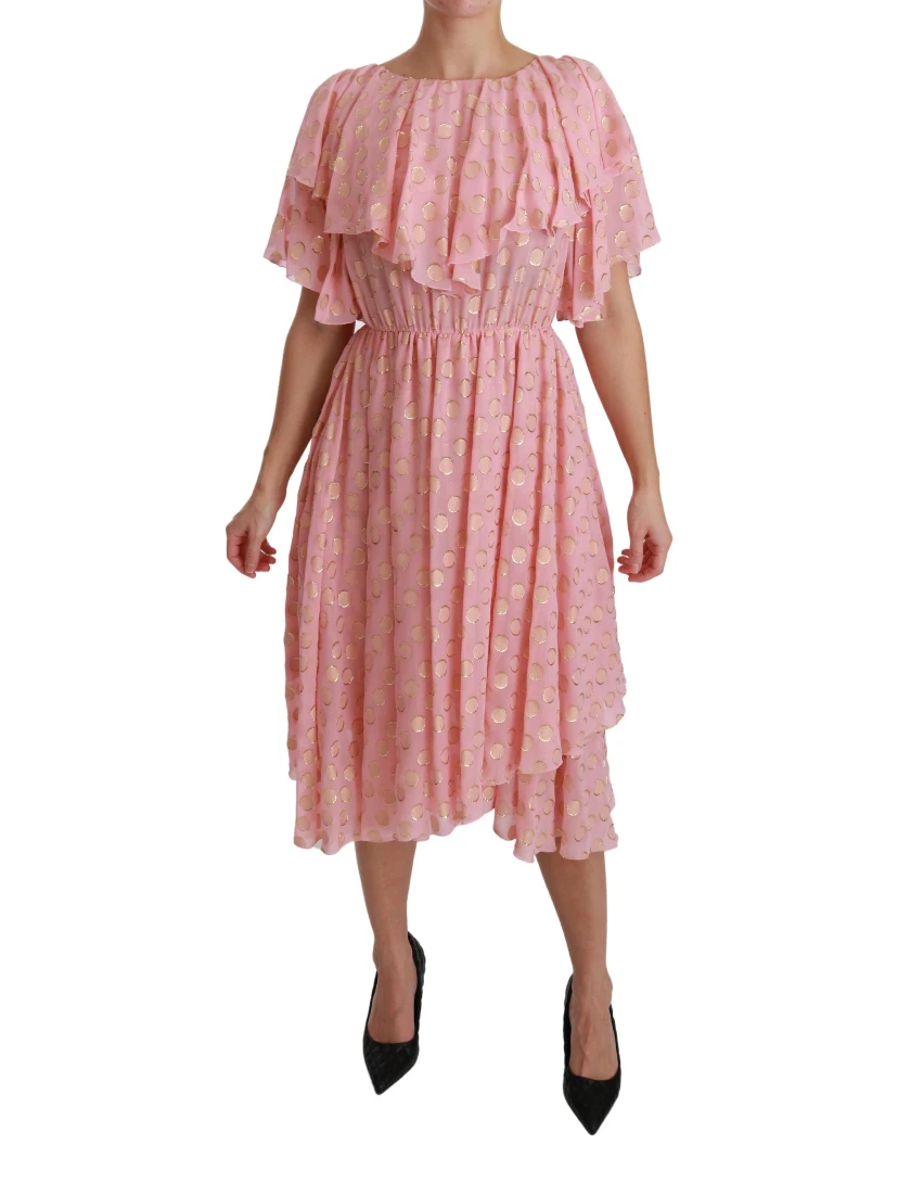 Silk Pink Polka Dots Pleated A-line Midi Dress