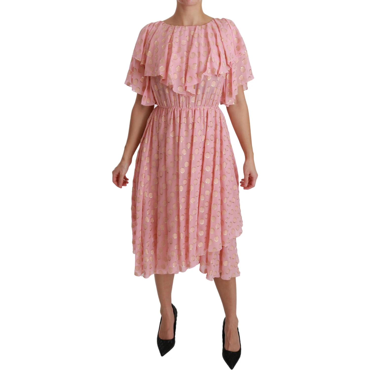 Silk Pink Polka Dots Pleated A-line Midi Dress