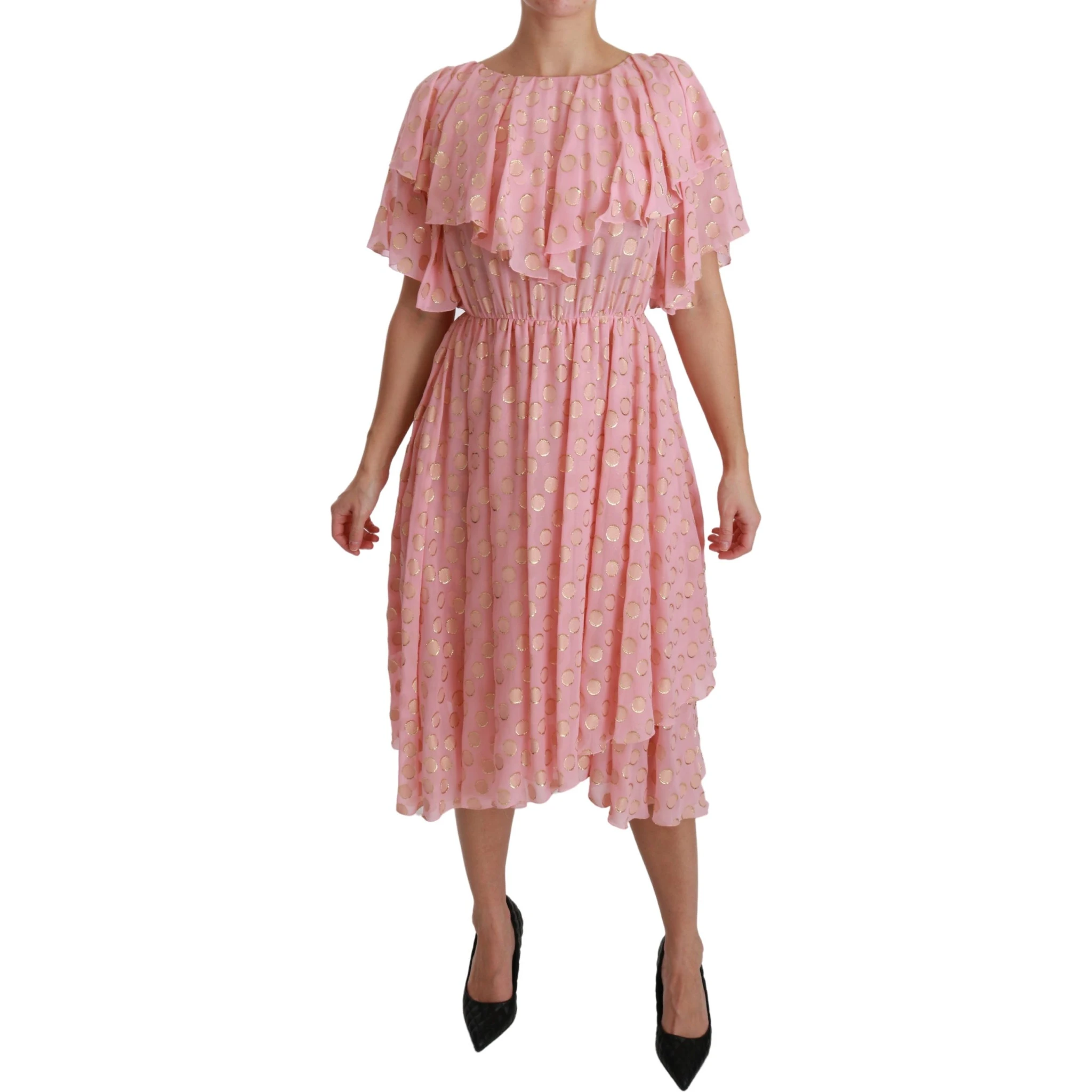 Silk Pink Polka Dots Pleated A-line Midi Dress