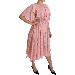 Silk Pink Polka Dots Pleated A-line Midi Dress