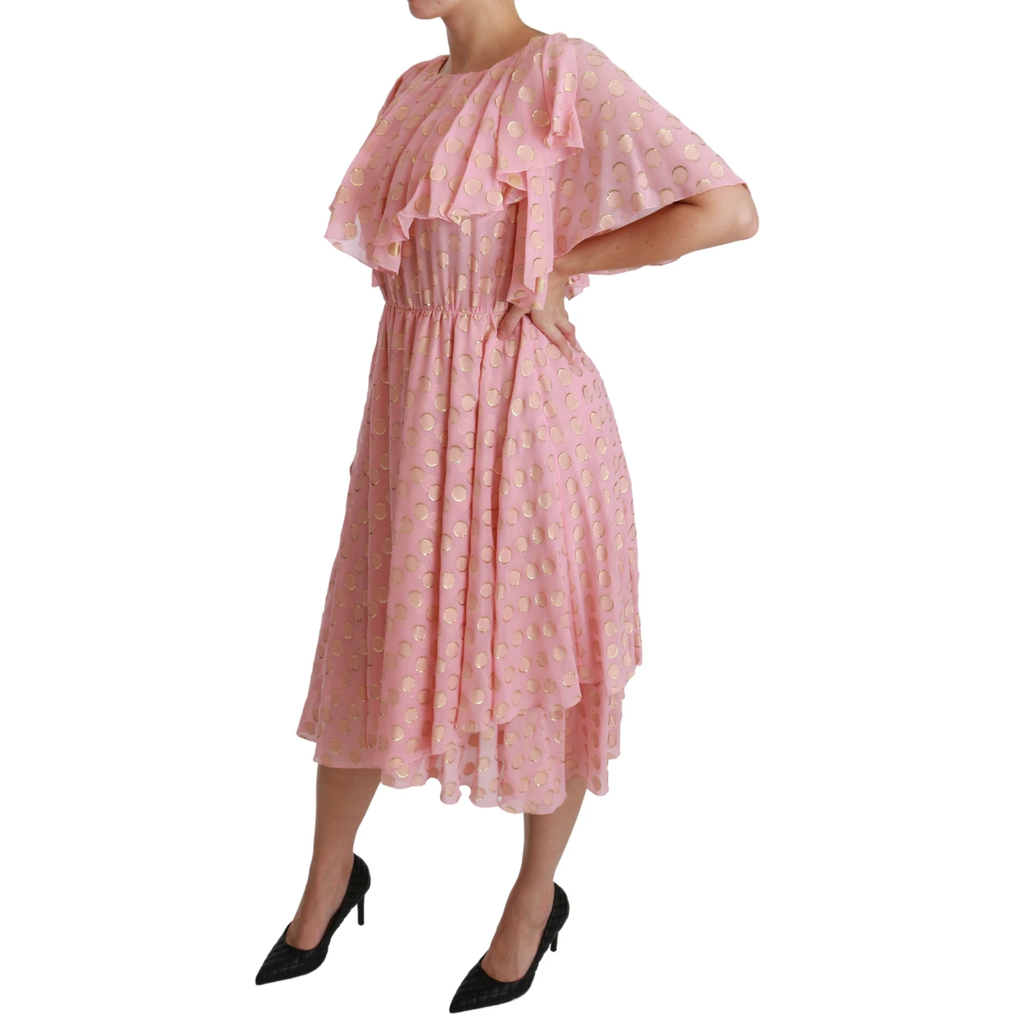 Silk Pink Polka Dots Pleated A-line Midi Dress