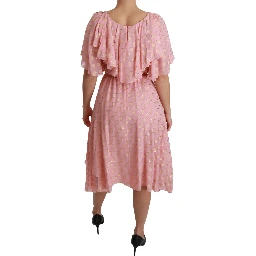 Silk Pink Polka Dots Pleated A-line Midi Dress