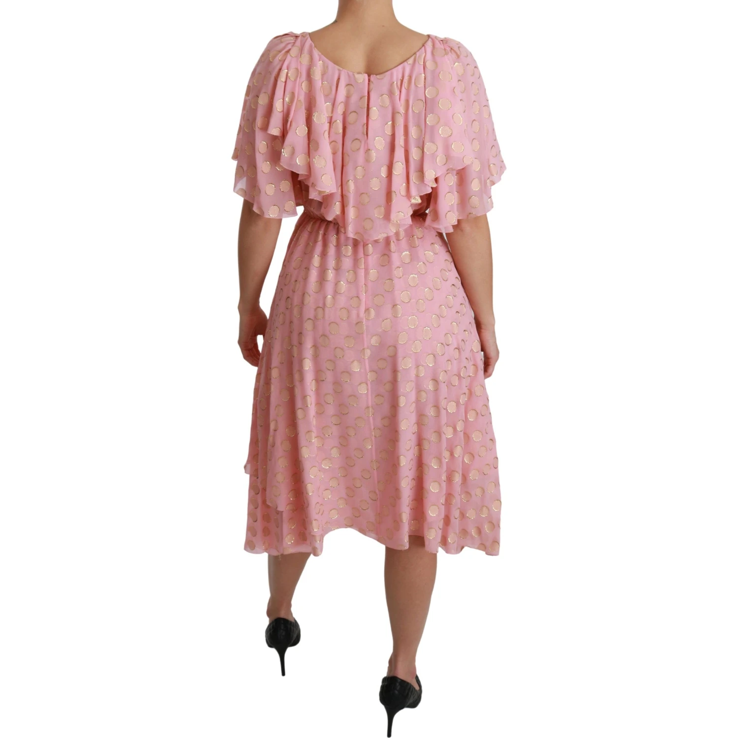 Silk Pink Polka Dots Pleated A-line Midi Dress