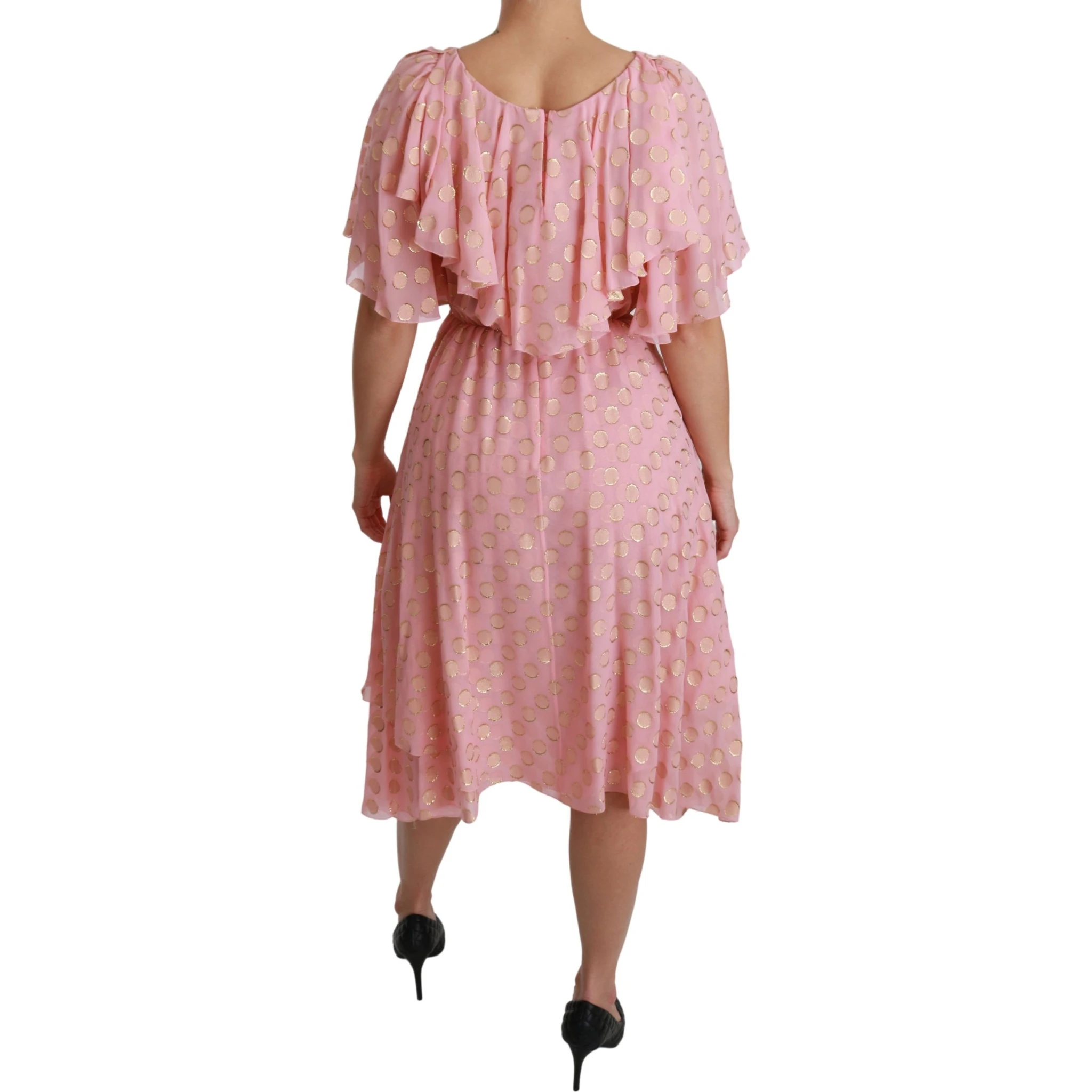 Silk Pink Polka Dots Pleated A-line Midi Dress