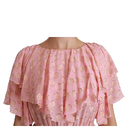 Silk Pink Polka Dots Pleated A-line Midi Dress