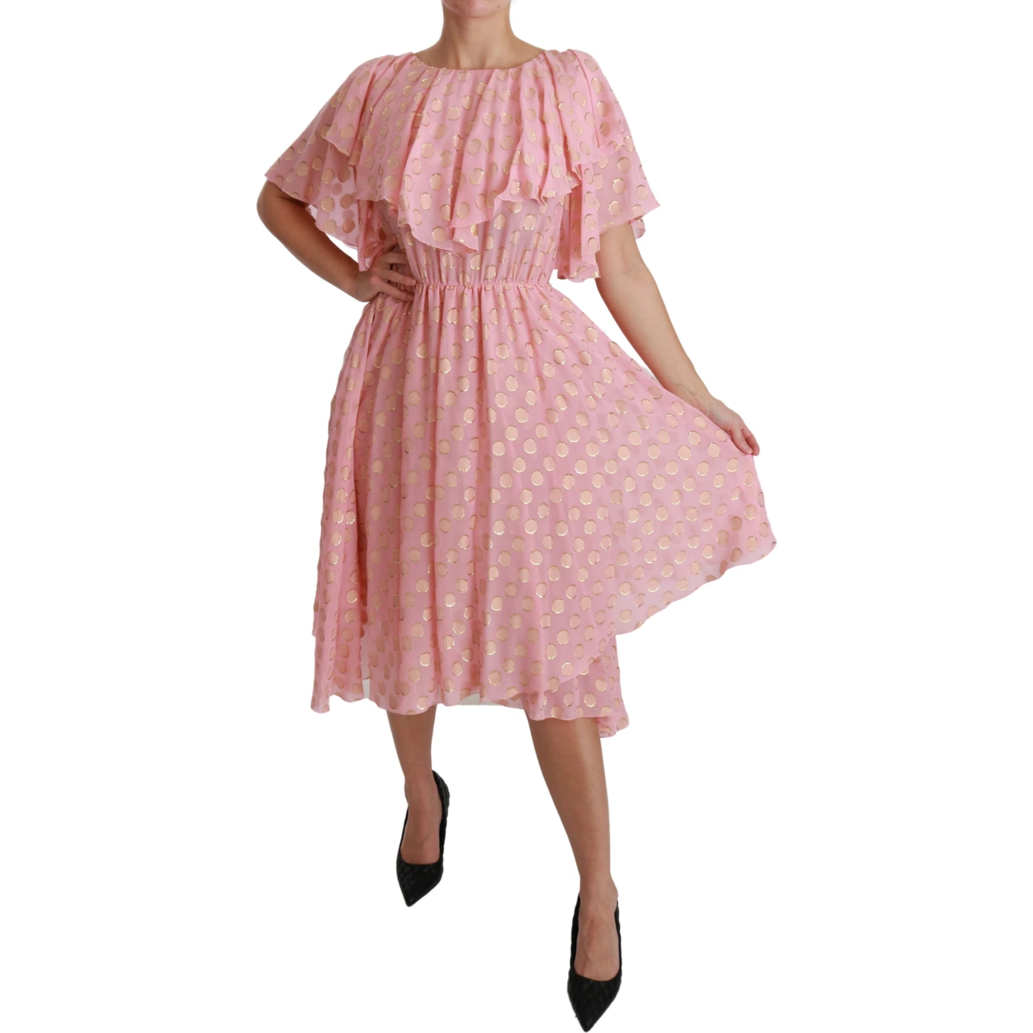 Silk Pink Polka Dots Pleated A-line Midi Dress