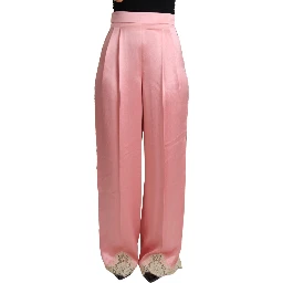 Pink Lace Trimmed Silk Satin Wide Legs Pants