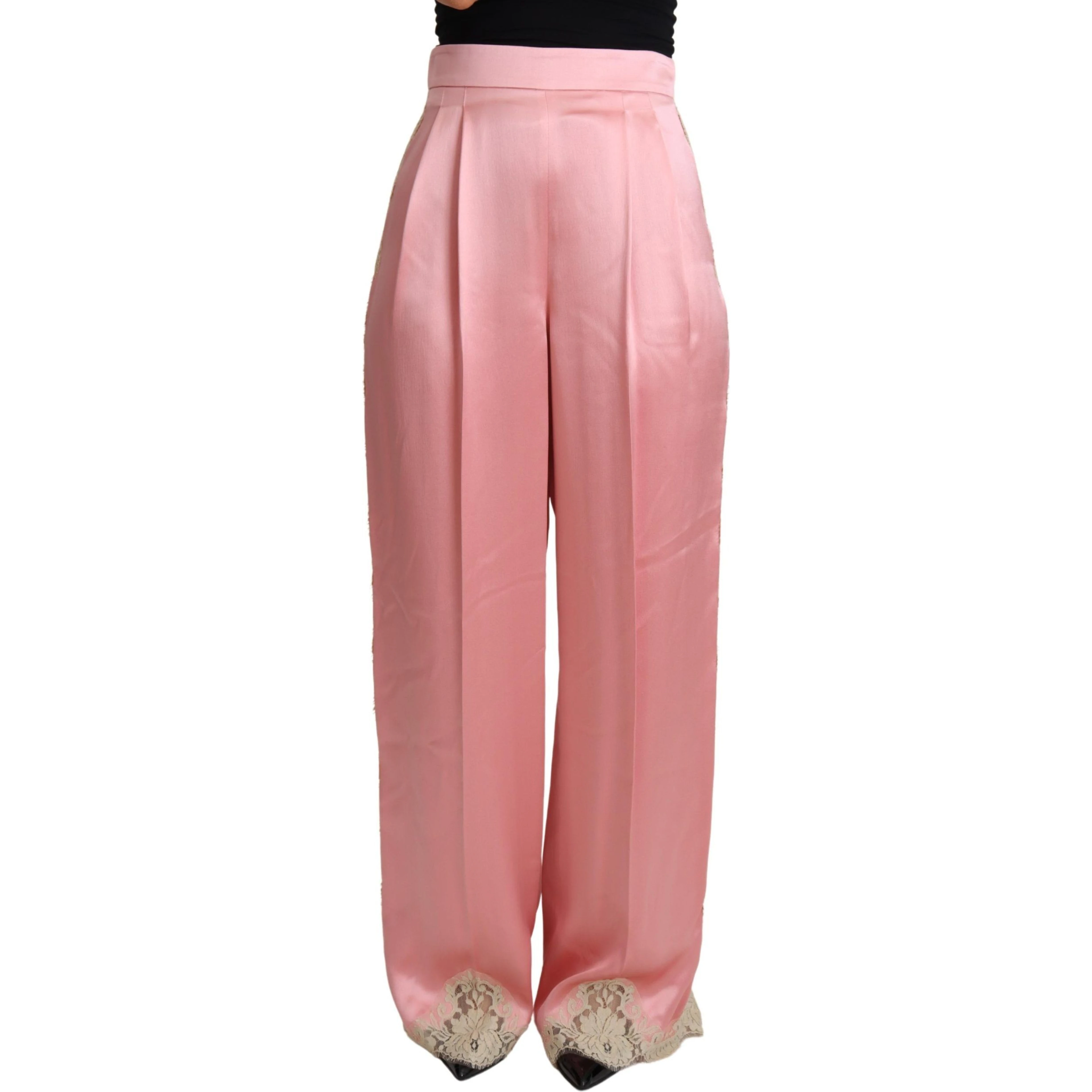 Pink Lace Trimmed Silk Satin Wide Legs Pants