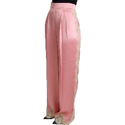 Pink Lace Trimmed Silk Satin Wide Legs Pants