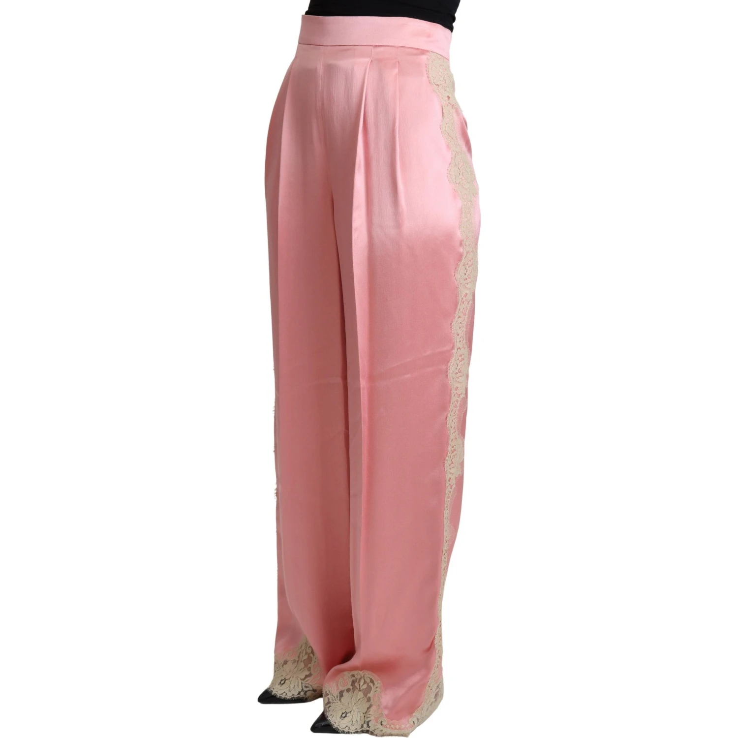 Pink Lace Trimmed Silk Satin Wide Legs Pants