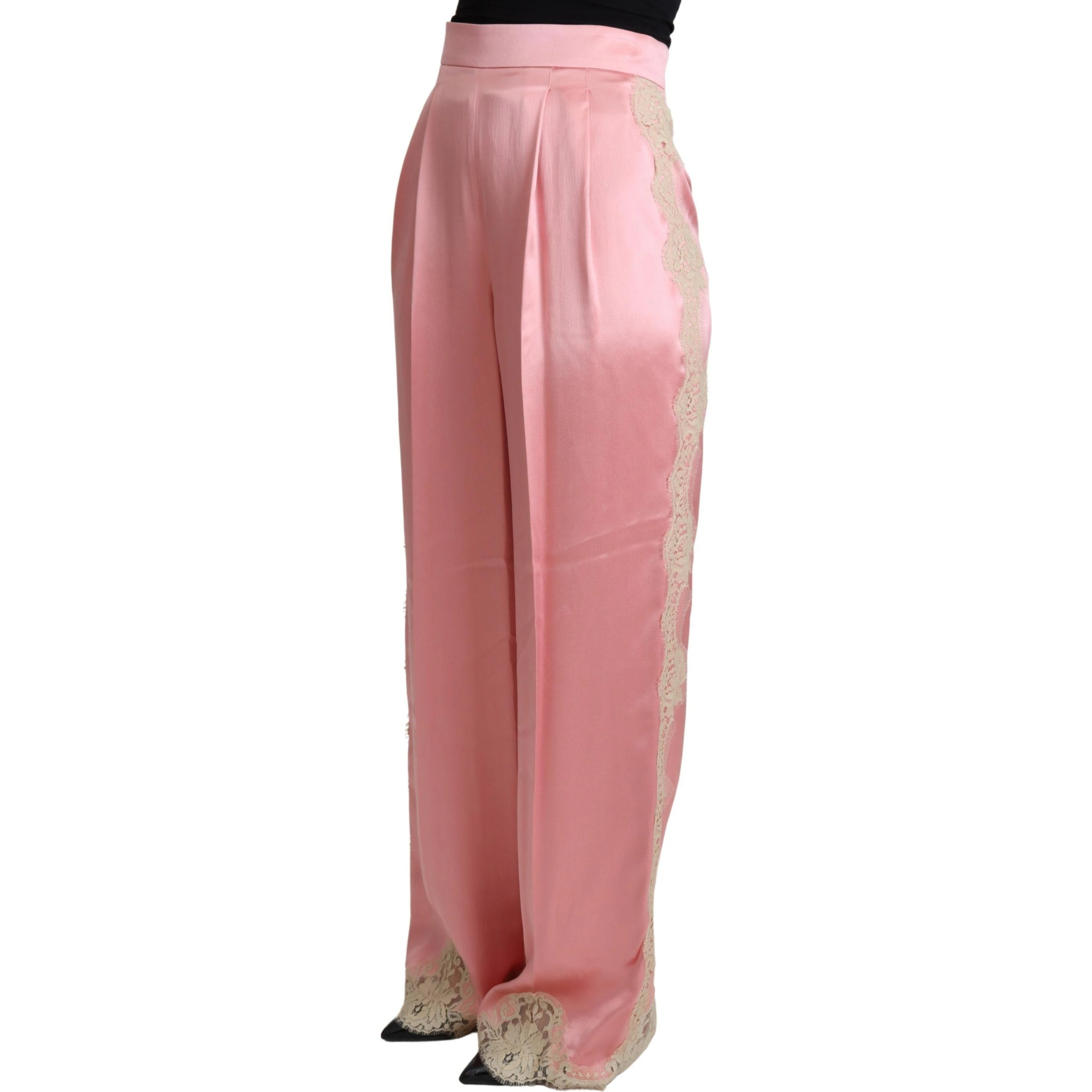 Pink Lace Trimmed Silk Satin Wide Legs Pants