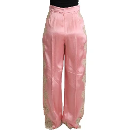 Pink Lace Trimmed Silk Satin Wide Legs Pants