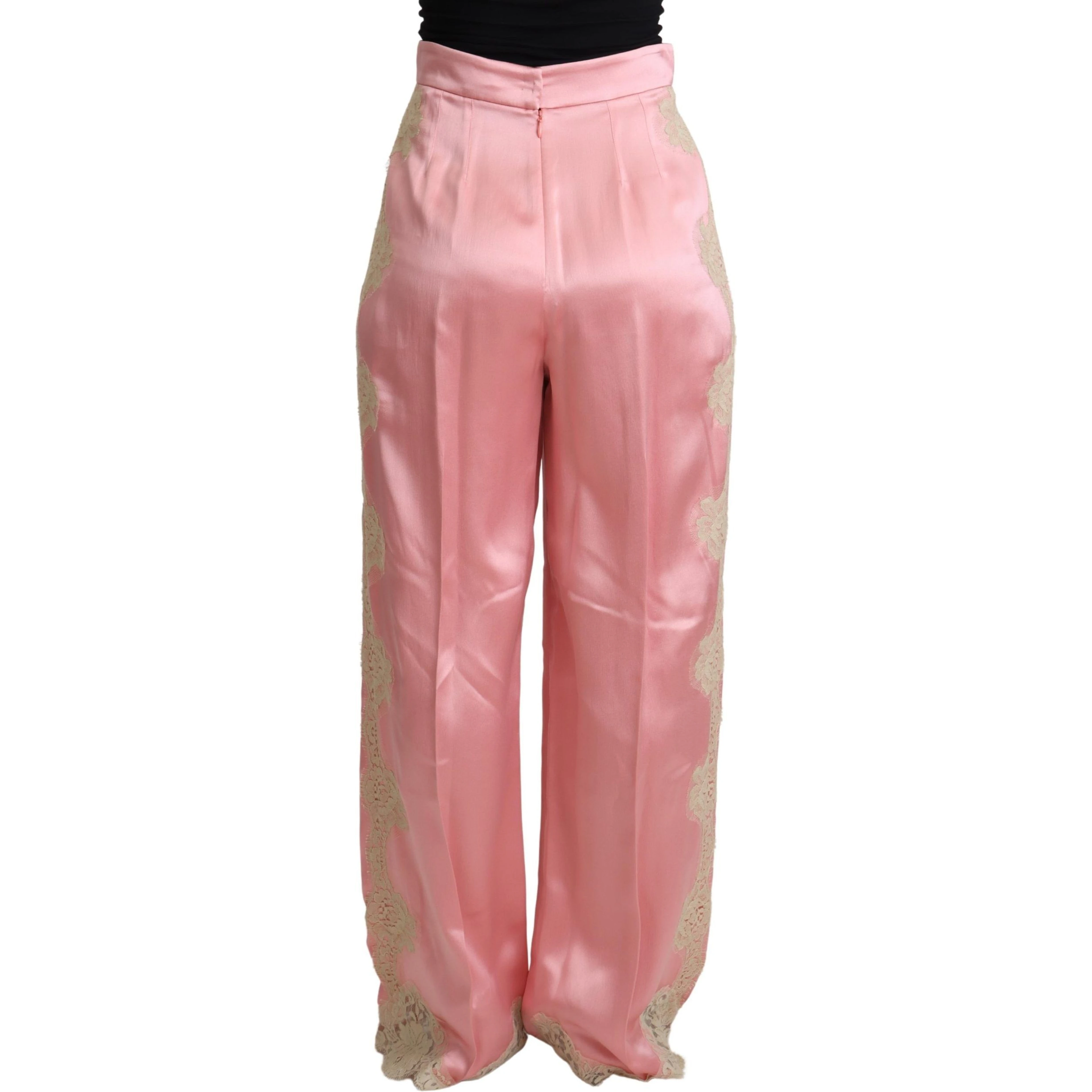 Pink Lace Trimmed Silk Satin Wide Legs Pants
