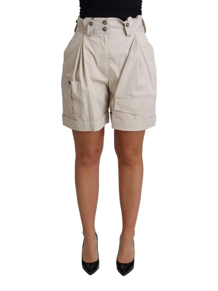Beige Cotton Pleated High Waist Casual Shorts
