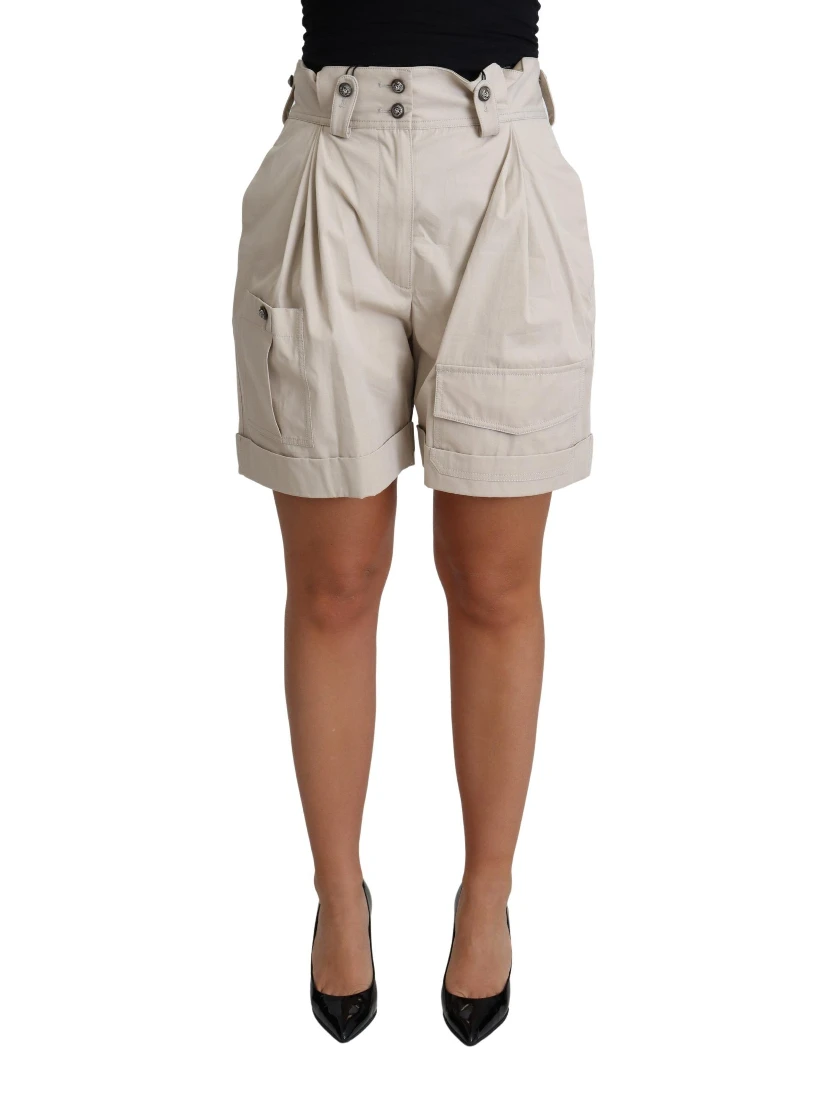 Beige Cotton Pleated High Waist Casual Shorts