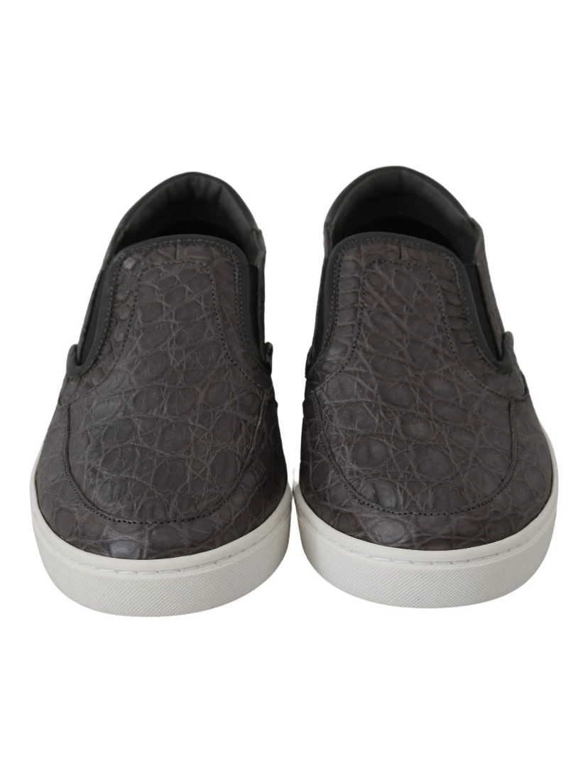 Gray Leather Flat Caiman Mens Loafers Shoes