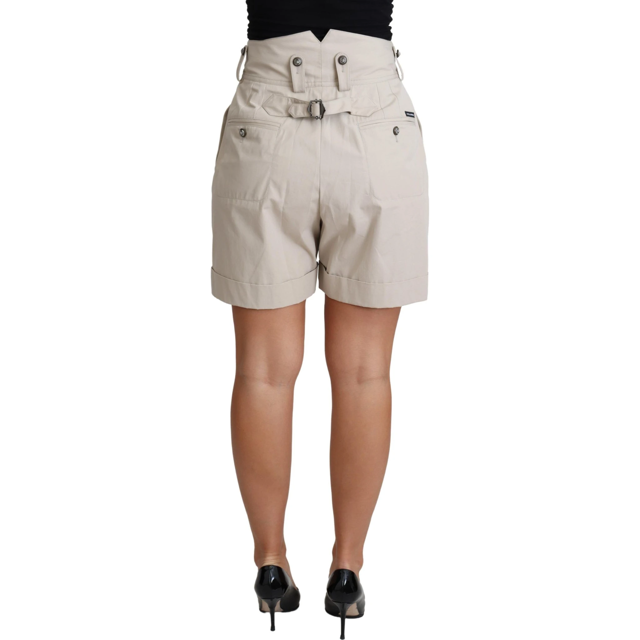 Beige Cotton Pleated High Waist Casual Shorts