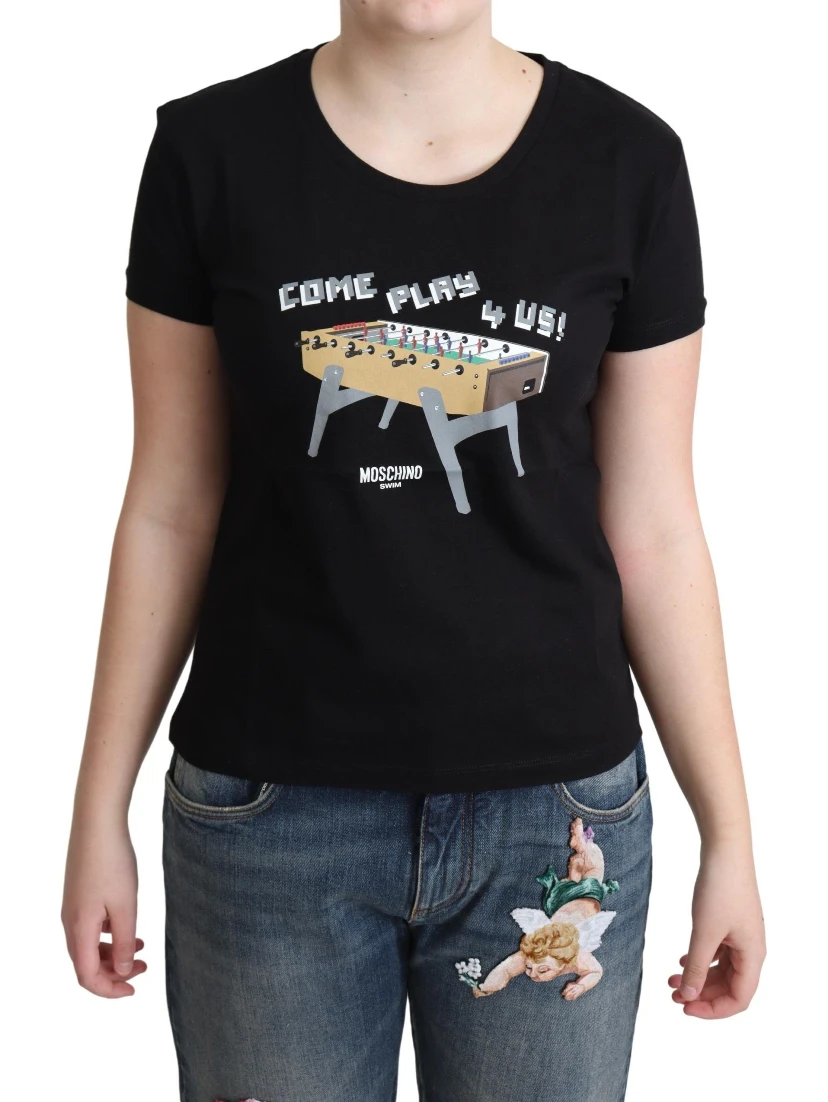 Black Cotton Come Play 4 Us Print Tops T-shirt