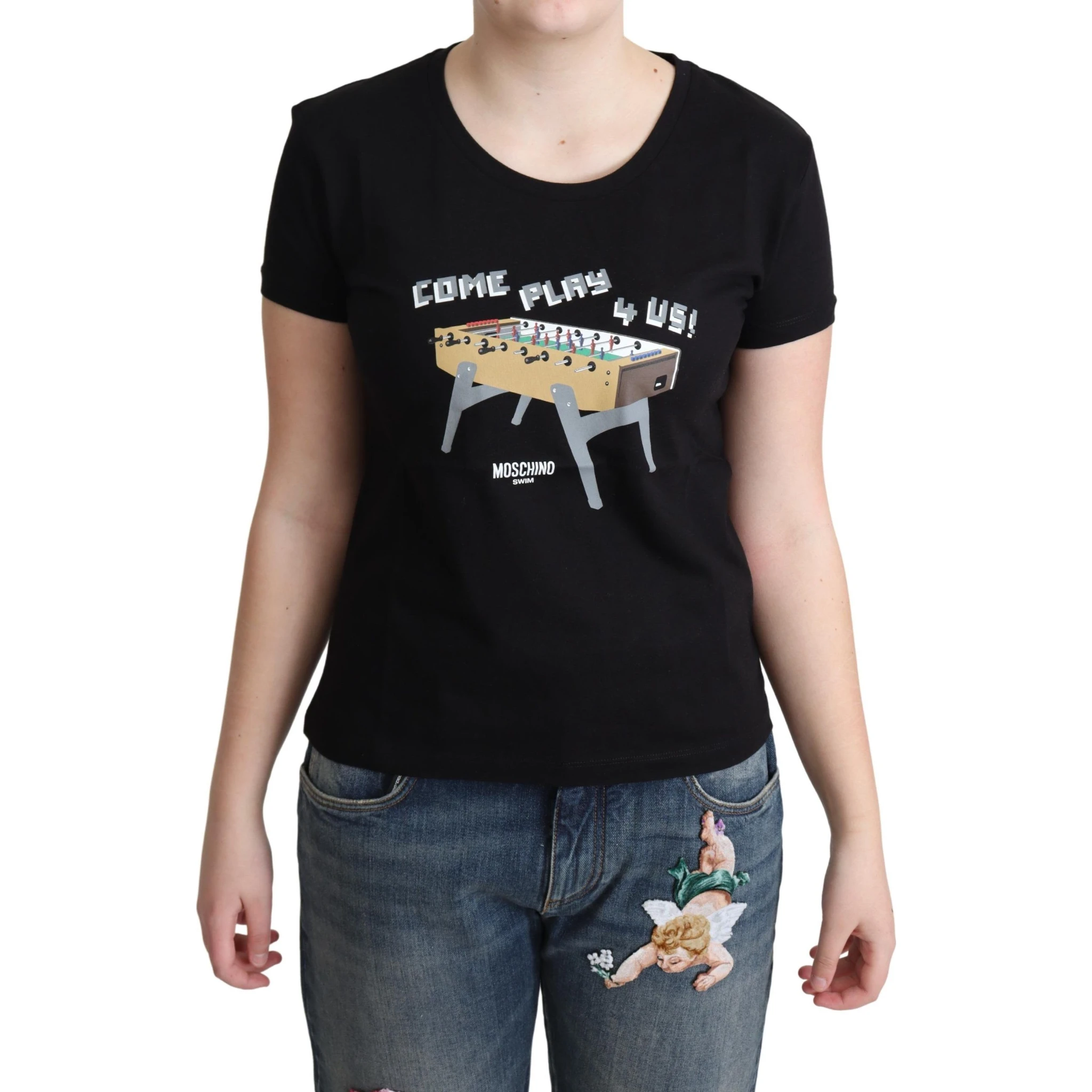 Black Cotton Come Play 4 Us Print Tops T-shirt