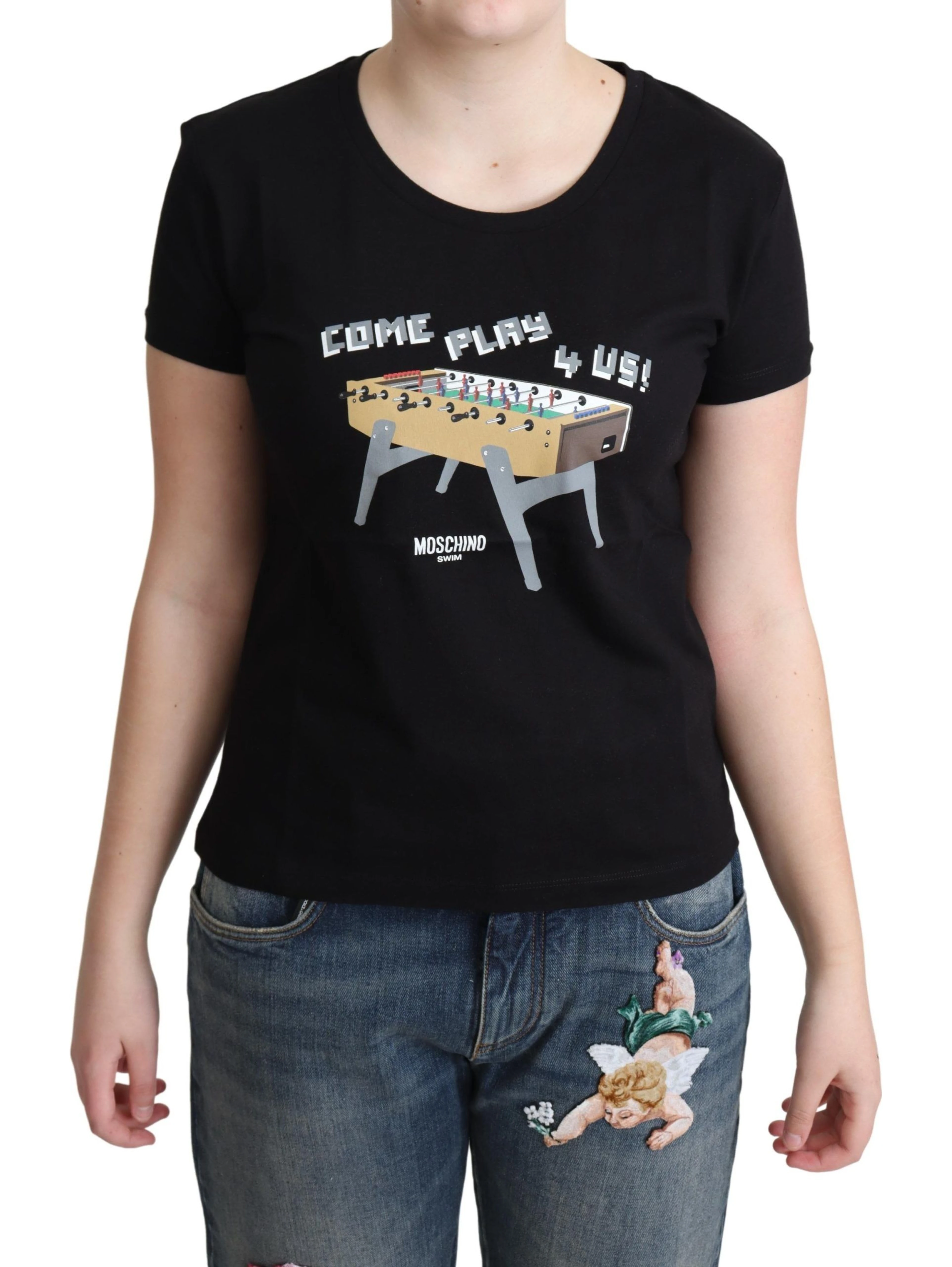 Black Cotton Come Play 4 Us Print Tops T-shirt