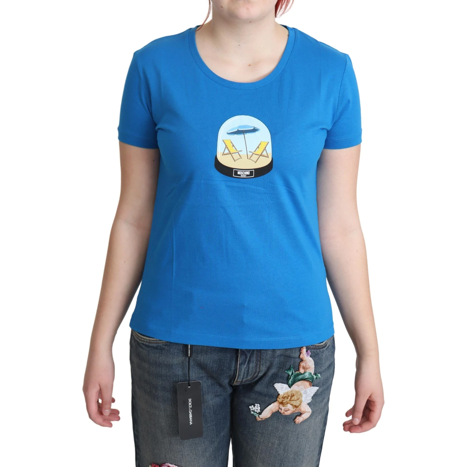 Blue Printed Cotton Short Sleeves Tops T-shirt