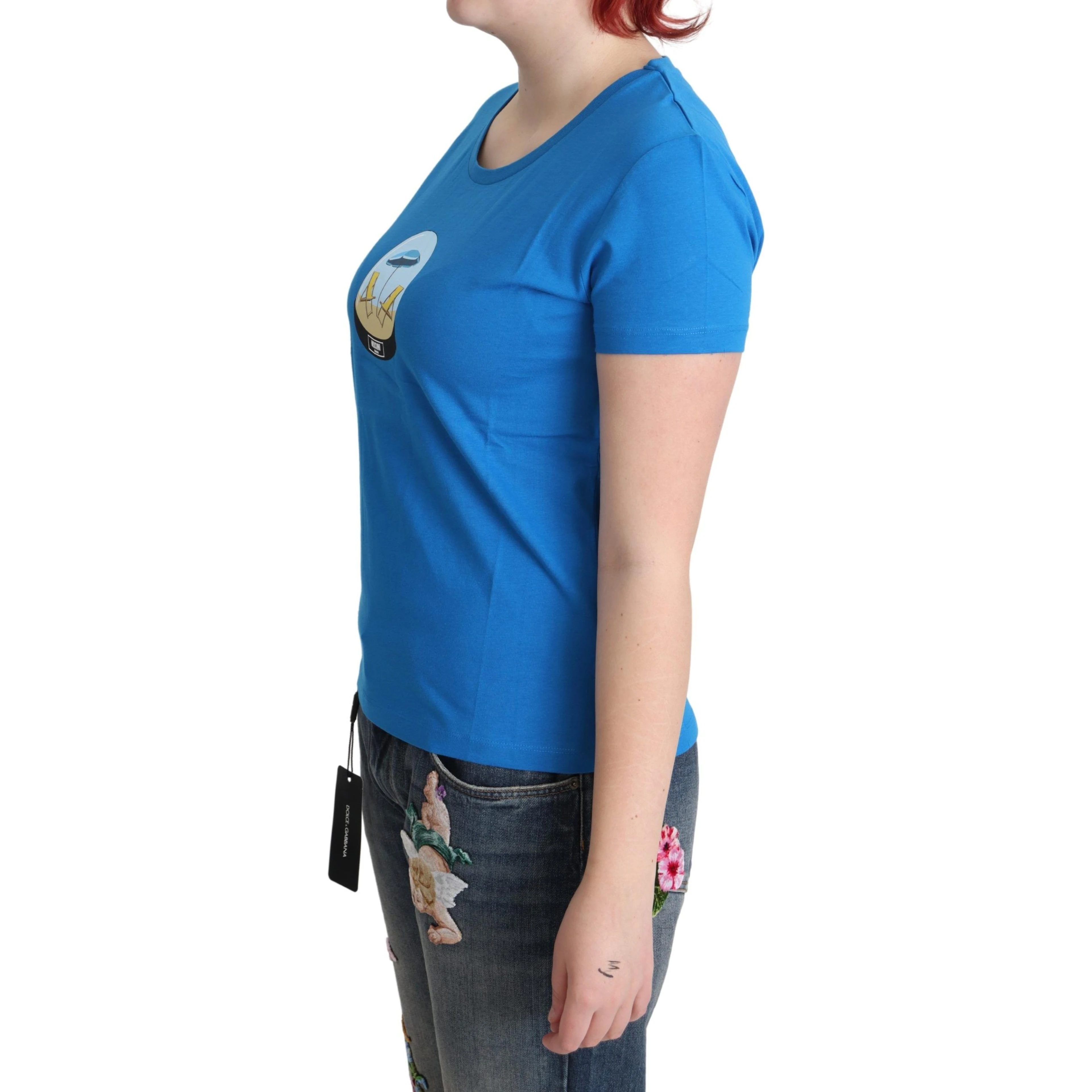 Blue Printed Cotton Short Sleeves Tops T-shirt