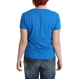 Blue Printed Cotton Short Sleeves Tops T-shirt