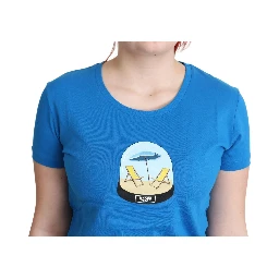 Blue Printed Cotton Short Sleeves Tops T-shirt