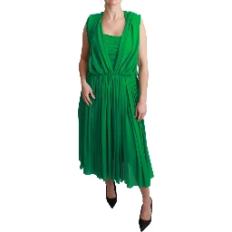 100% Silk Green Sleeveless Pleated Maxi Dress