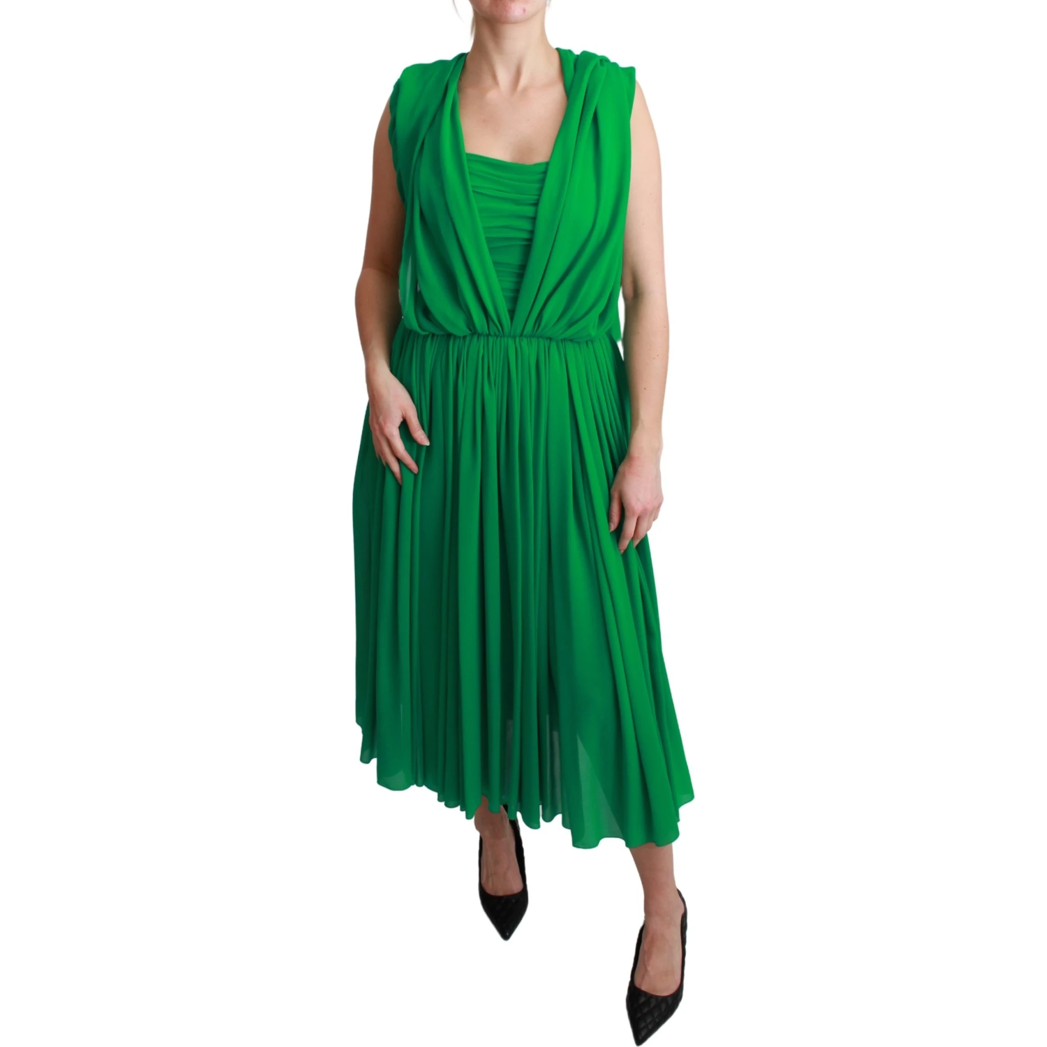 100% Silk Green Sleeveless Pleated Maxi Dress