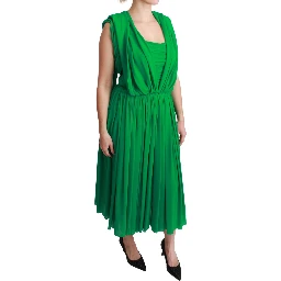 100% Silk Green Sleeveless Pleated Maxi Dress