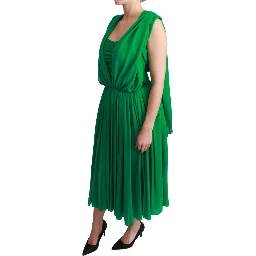 100% Silk Green Sleeveless Pleated Maxi Dress