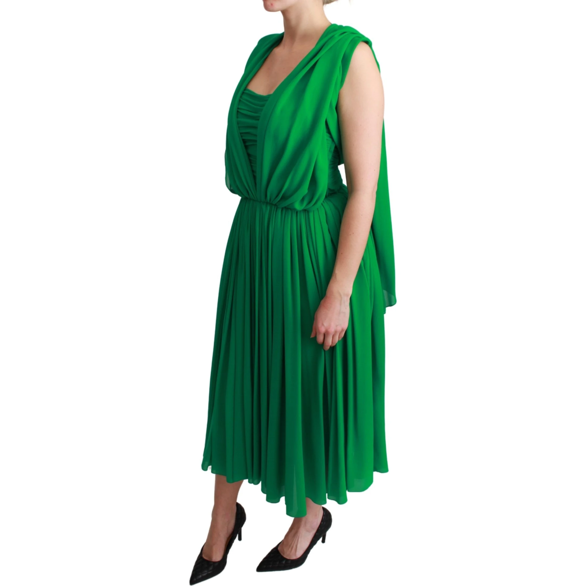 100% Silk Green Sleeveless Pleated Maxi Dress